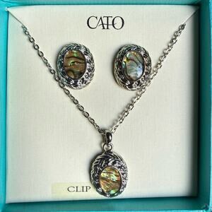 Vintage Cato Necklace & Clip-On Earrings Set | Silver Tone w/ Abalone Shell
